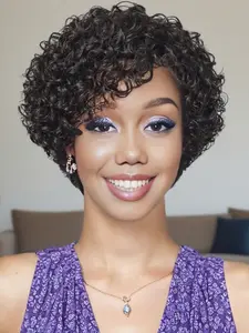 Short Curly Human Hair Wigs, Glueless Wig with Bangs, Side Part Design, Natural Look, Easy to Style, Convenient Wigs, Perfect for Daily Wear
