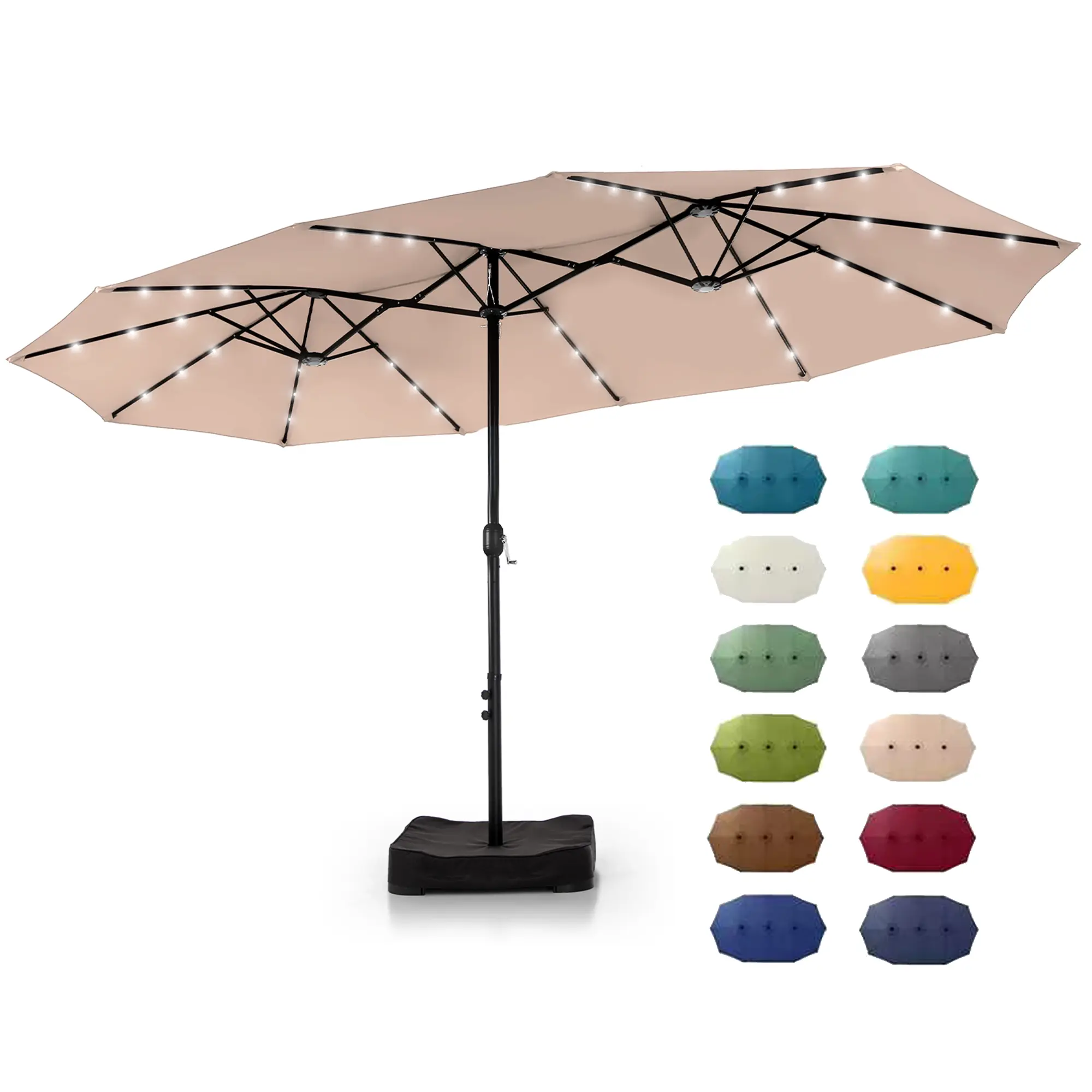 PHIVILLA 15ft Large Outdoor Patio Umbrella with Base – LED Light Option, Double-Sided, Crank Handle, Waterproof，Comes with Weighted Base and Sandbag, Accommodates 10 People, Great for Poolside, Garden, Lawn, Backyard, Deck and Beach