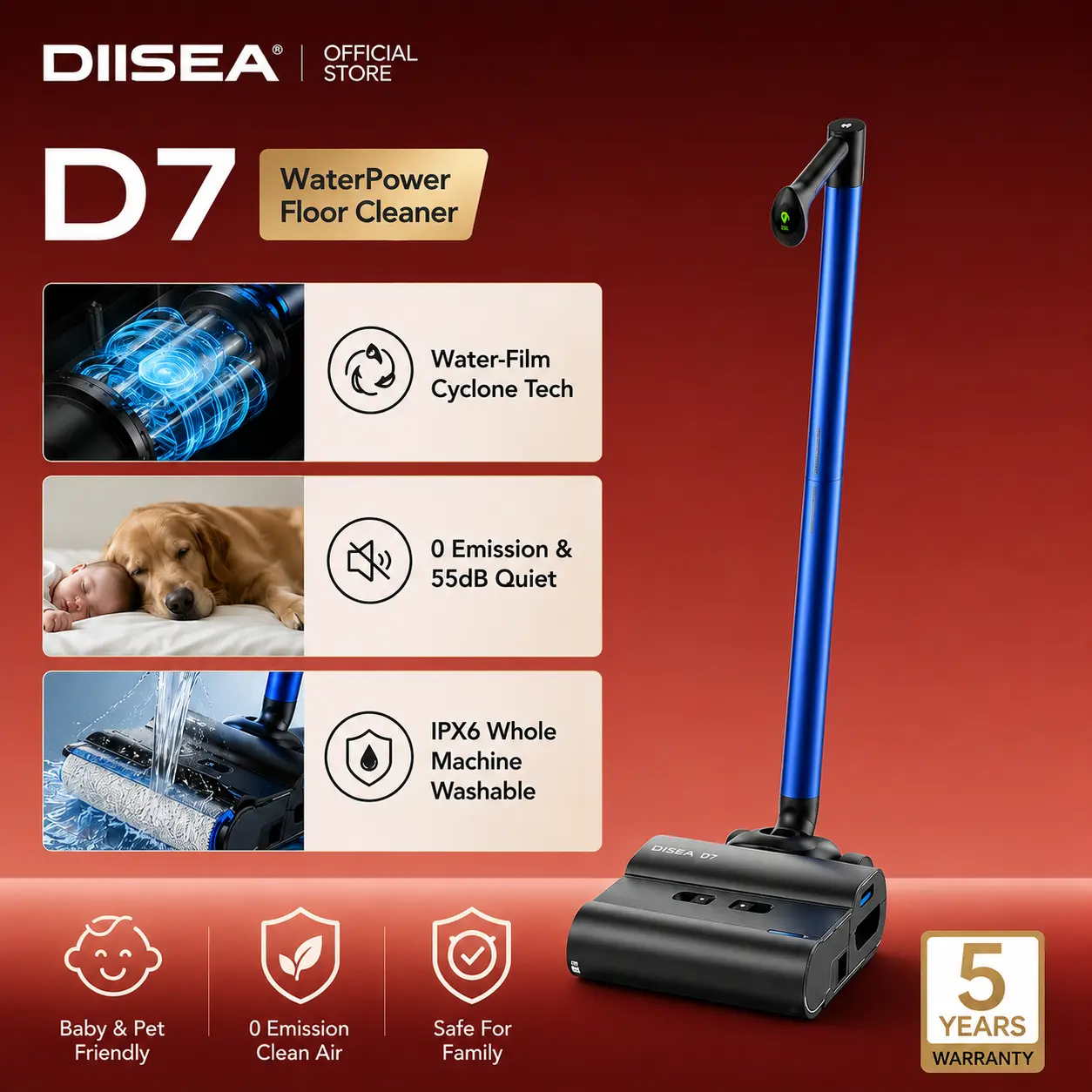 DIISEA D7 Cordless Wet-Dry Cleaner, Ultra-Lightweight Pure Water Hydro-Loop Smart Floor Washer, 0-Emission Device for Hard Floors with 0 PM2.5 & Bacteria Control