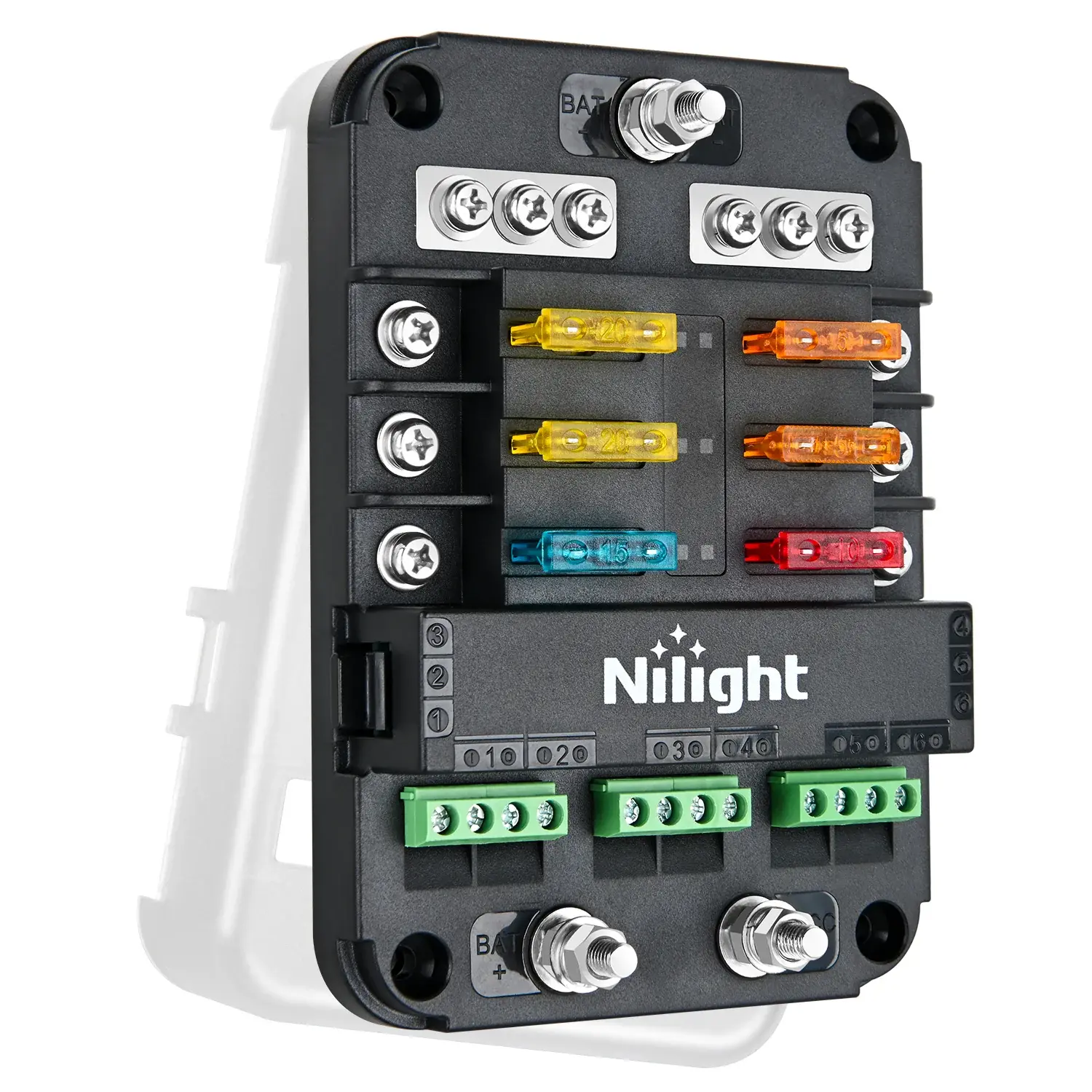 Nilight 6-Way Plastic Fuse Box Kit - 12V ATC/ATO Blade Holder with ACC Cut-Off Control, Negative Bus, Label Stickers, Removable Waterproof Cover, Screw, LED Light for Cars, Boats, Yachts Power Dist.