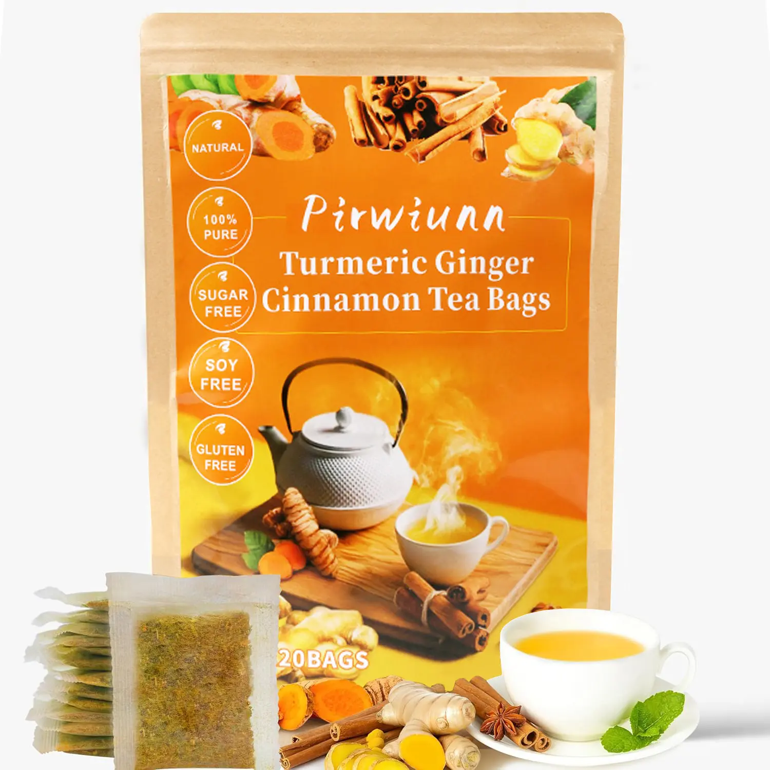 Organic Premium Turmeric-Ginger-Cinnamon Blend Natural Herbal Tea Bags, 120-Bag Large Pack, 100% No Additives, No Preservatives, Sugar-Free, Caffeine-Free, Soothing Flavorful Beverage