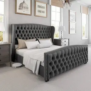 Platform Bed Frame With Wingback Headboard, Velvet Upholstered Bed Frame With Handmade Button Tufted & Nailhead, Wooden Slats Support