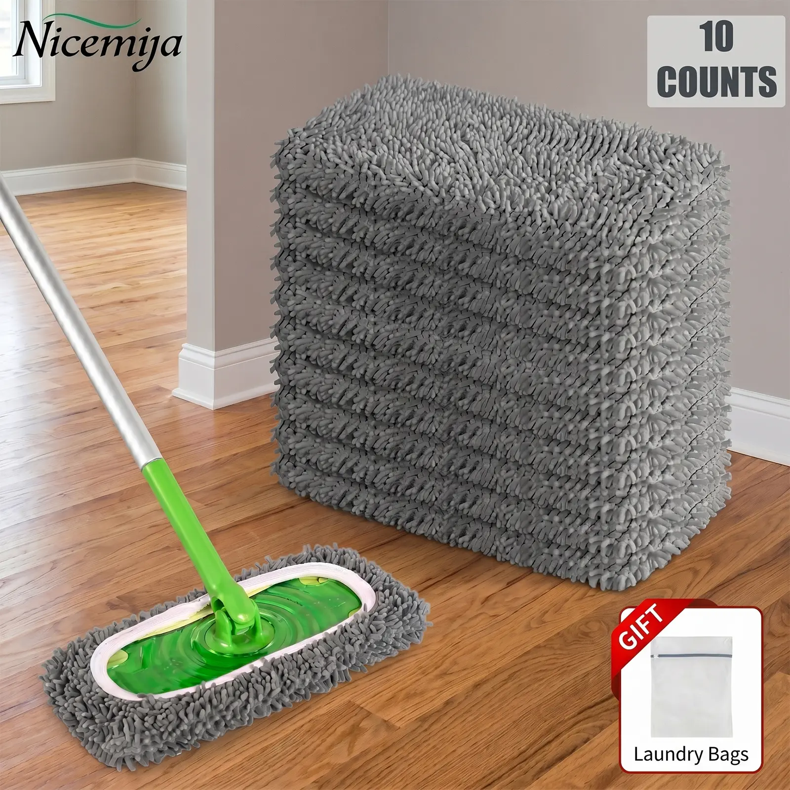 Reusable Chenille Mop Pads 10Pcs Compatible with Swiffer Sweeper Extra-Thick Pads Dry Wet Cloths Machine Washable Mopping Floors Wall Cleaning Cloths