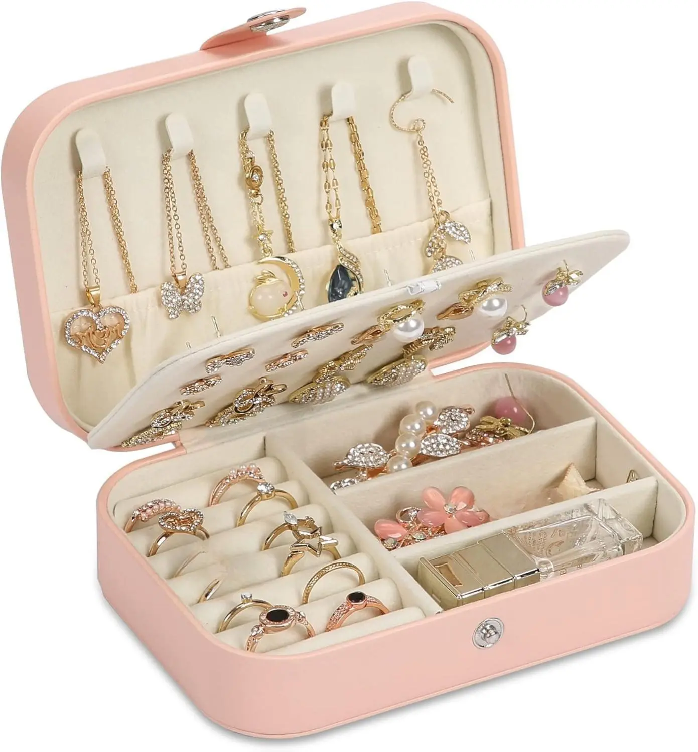 [New Deal] Travel Jewelry Box, PU leather Small Jewelry Organizer For Female Girls, double layer portable mini travel case for storing earrings, rings, necklaces.(Pink)