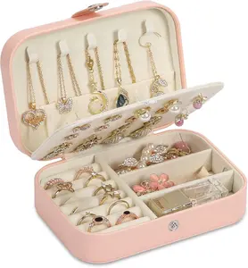 [New Deal] Travel Jewelry Box, PU leather Small Jewelry Organizer For Female Girls, double layer portable mini travel case for storing earrings, rings, necklaces.(Pink)