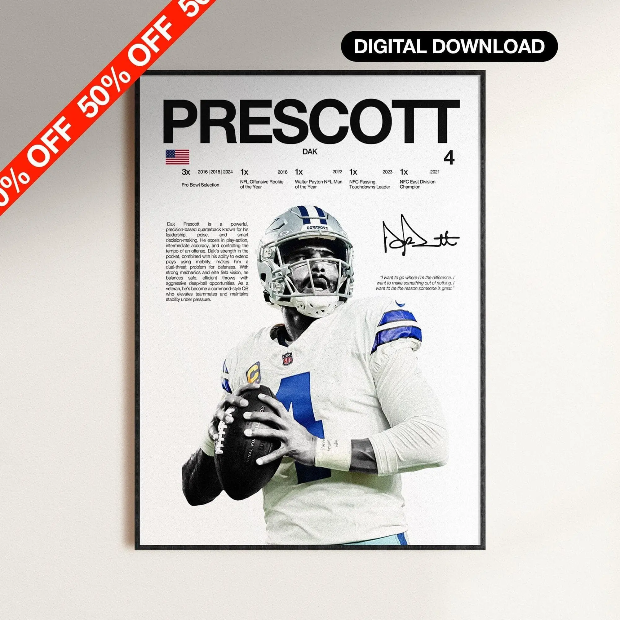 Dak Prescott Poster, NFL Wall Print, Football Digital Download, NFL Poster Print, Sports Decor, Dallas Poster, Football nfl Gift