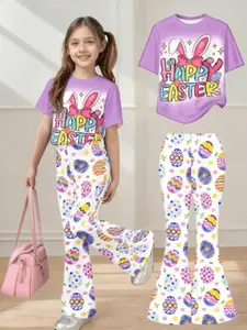 Girls' Easter Theme Happy Fun Designs Short Sleeve T-Shirt + Egg Print Lantern Pants Set, Sweet Holiday Style, Sweet Holiday Vibe, Two-Piece, Perfect for Outdoor Wear