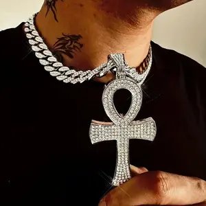 MaxBling81 Large Iced Egyptian Gold-Plated Ankh Cross Pendant - Blingy Design, Cubic Zirconia Charm, Hip Hop Costume Jewelry, Versatile Accessory, Multi-Chain Length Compatible, Anniversary Gift