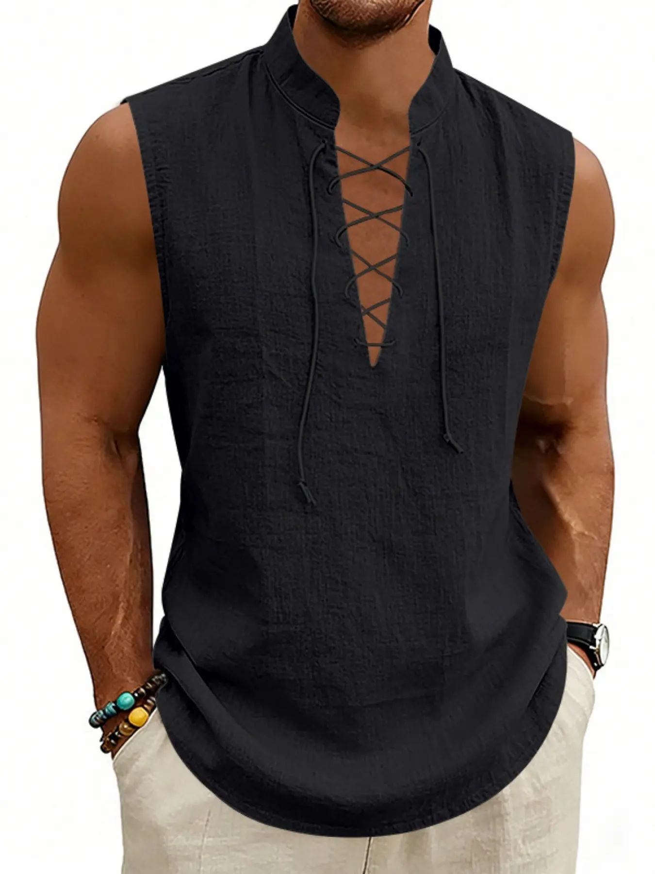 Men's linen tie-front crew-neck sleeveless loose baggy vest, cool and breathable, casual medieval Viking style, summer beach wear, men's outdoor sports vest, simple trendy fashion vest, Aesthetic Menswear, Casual Sleeveless Tank