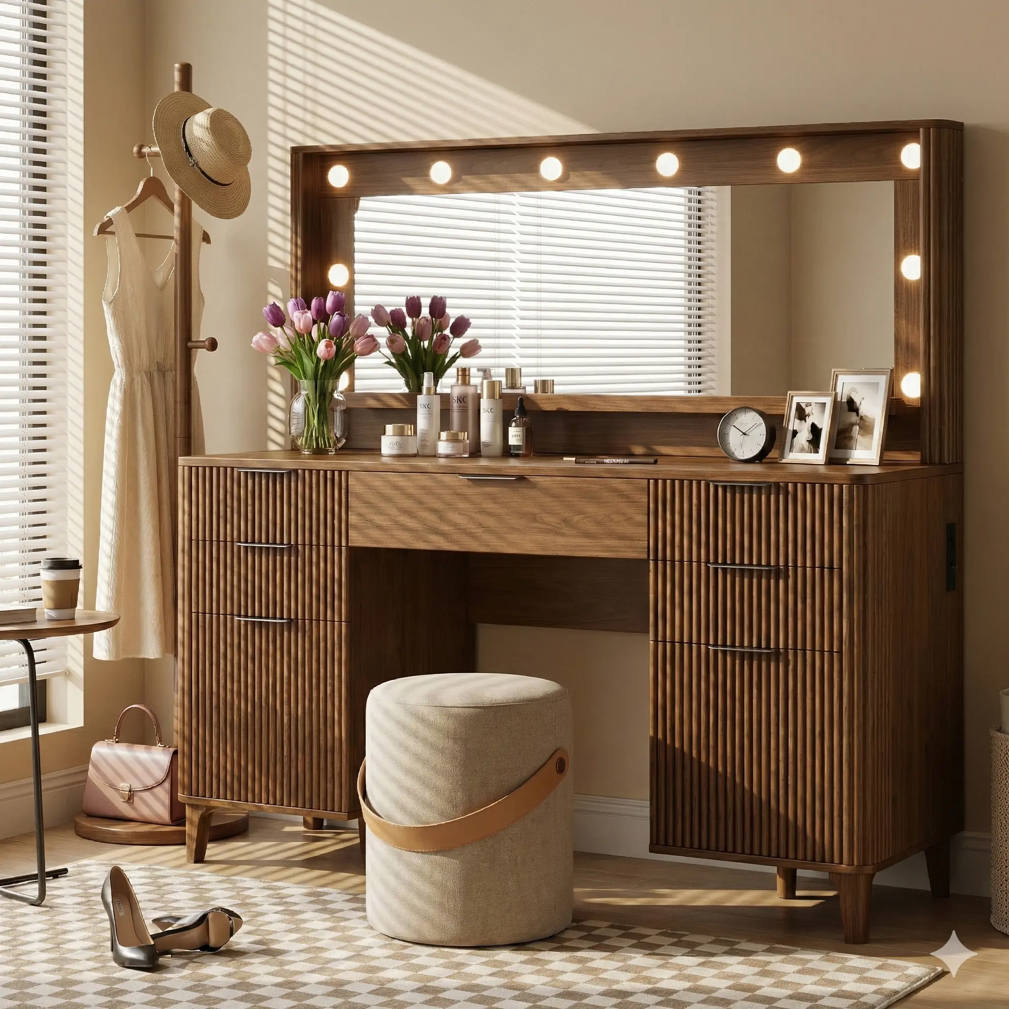 TOKSOM 48.8 "Fluted Vanity Desk with Mirror and Adjustable LED Lights, Walnut/Natural Color Makeup Table with Four Large Drawers and Two Cabinets and Charging Stations for Women and Girls, Bedroom or Dorm/Best Gift Ideas/Valentine's Day Gifts