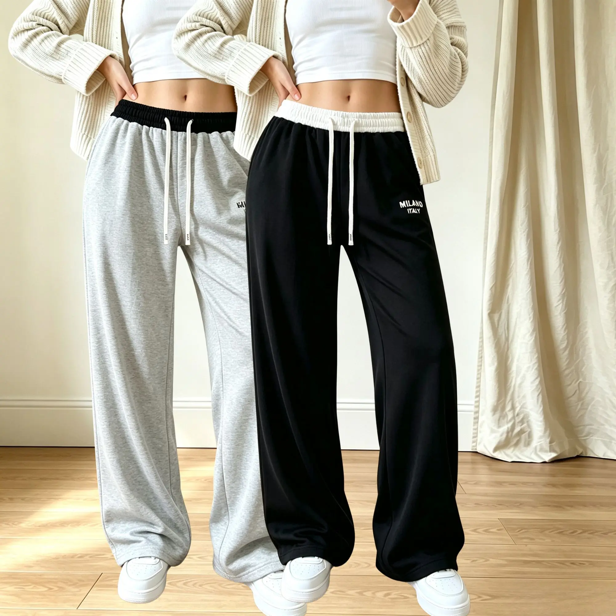Women’s color-block joggers with drawstring waist, wide straight-leg fit, drapey floor-length sweatpants — versatile for everyday wear (available in 2-pack or single item).