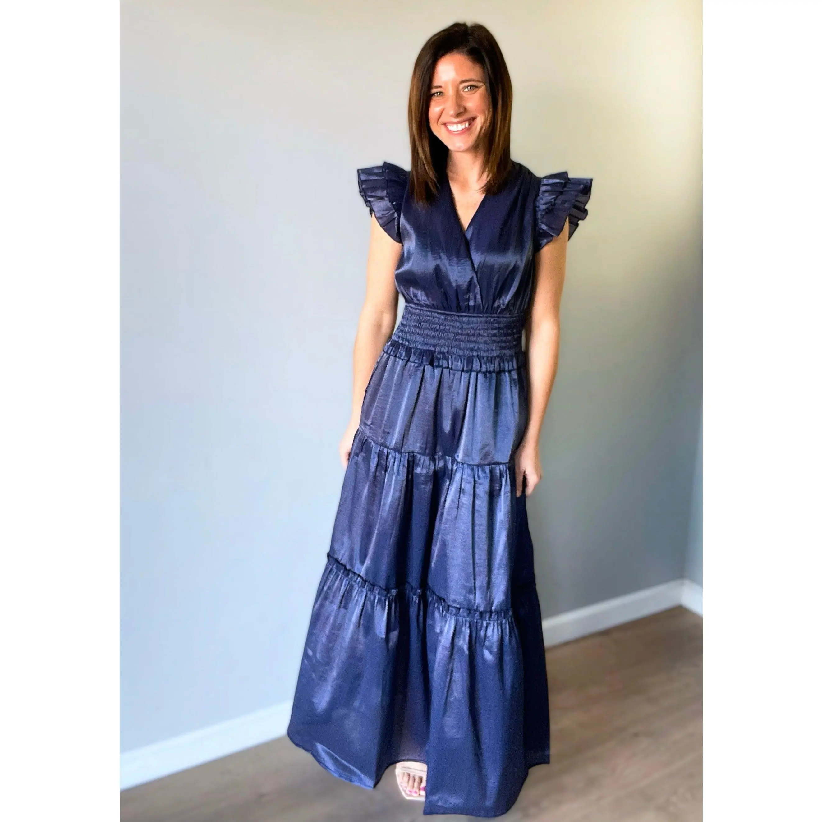 Midnight Blue Satin Tiered Maxi Dress