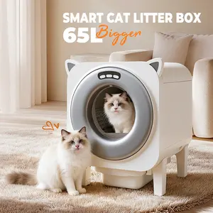 65L large-capacity smart automatic cat litter box, accommodates up to 8 kg large cats, 10 L waste collection bin, app-controlled remote operation, odor control and antibacterial features, one-touch smart litter replacement