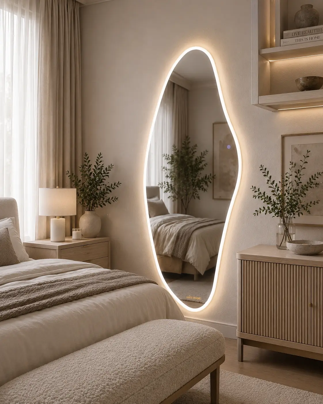 Irregular Cloud Wave LED Full Length Mirror – Shatterproof Tempered Glass Lighted Dressing Mirror, 3 Color Dimmable Wall Mirror for Bedroom & Closet
