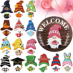 Easter Gnome Sign Interchangeable Gnome Welcome Sign with Magnet Detachable Hats Wooden Sign Decorations for Holiday Seasonal Party Home Wall Living Room Garden Cattle Farmhouse Porch