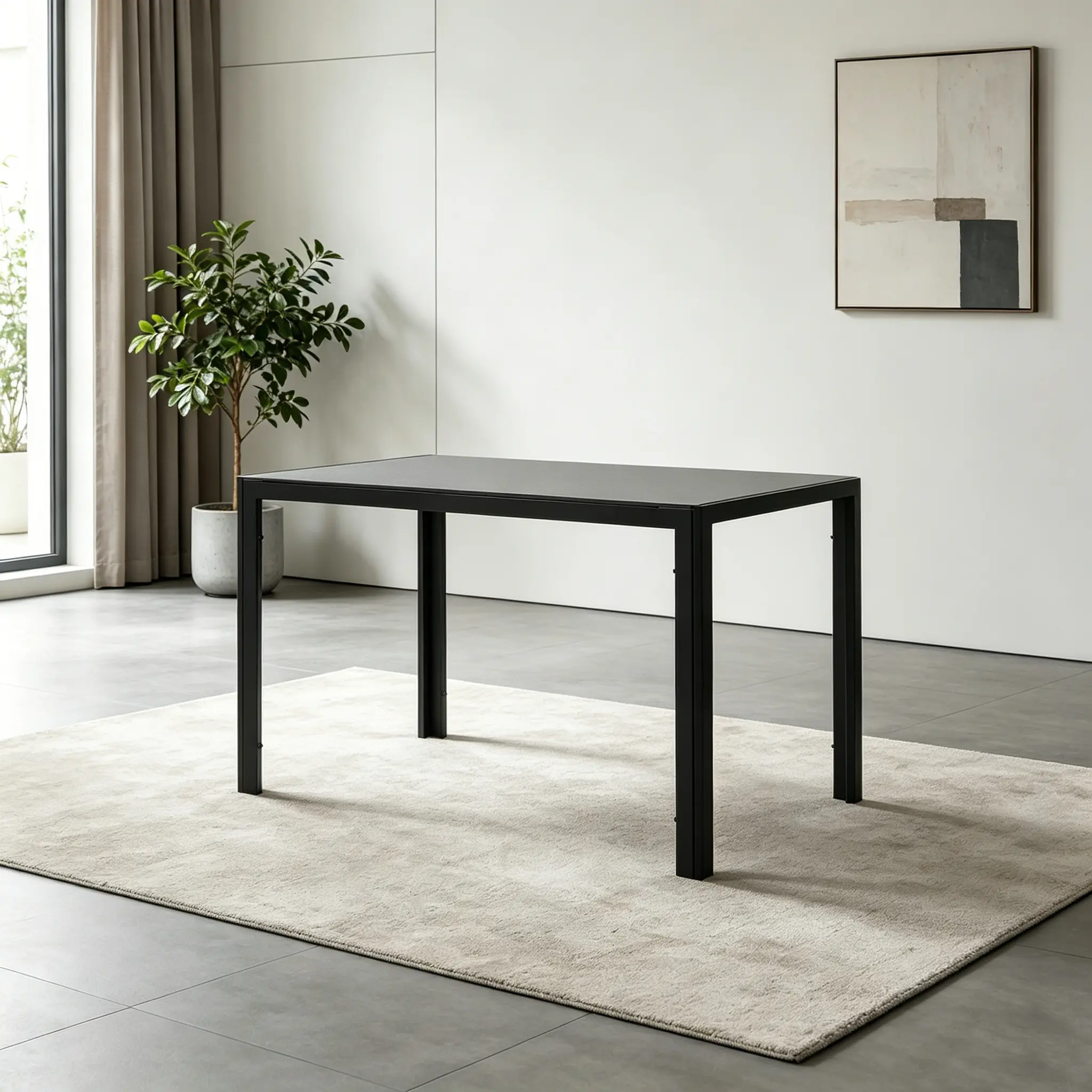 Small Dining Table for Small Spaces 47" Modern Glass Kitchen Table 4 Seater Minimalist Rectangular Dinner Table with Metal Frame for Apartment Black