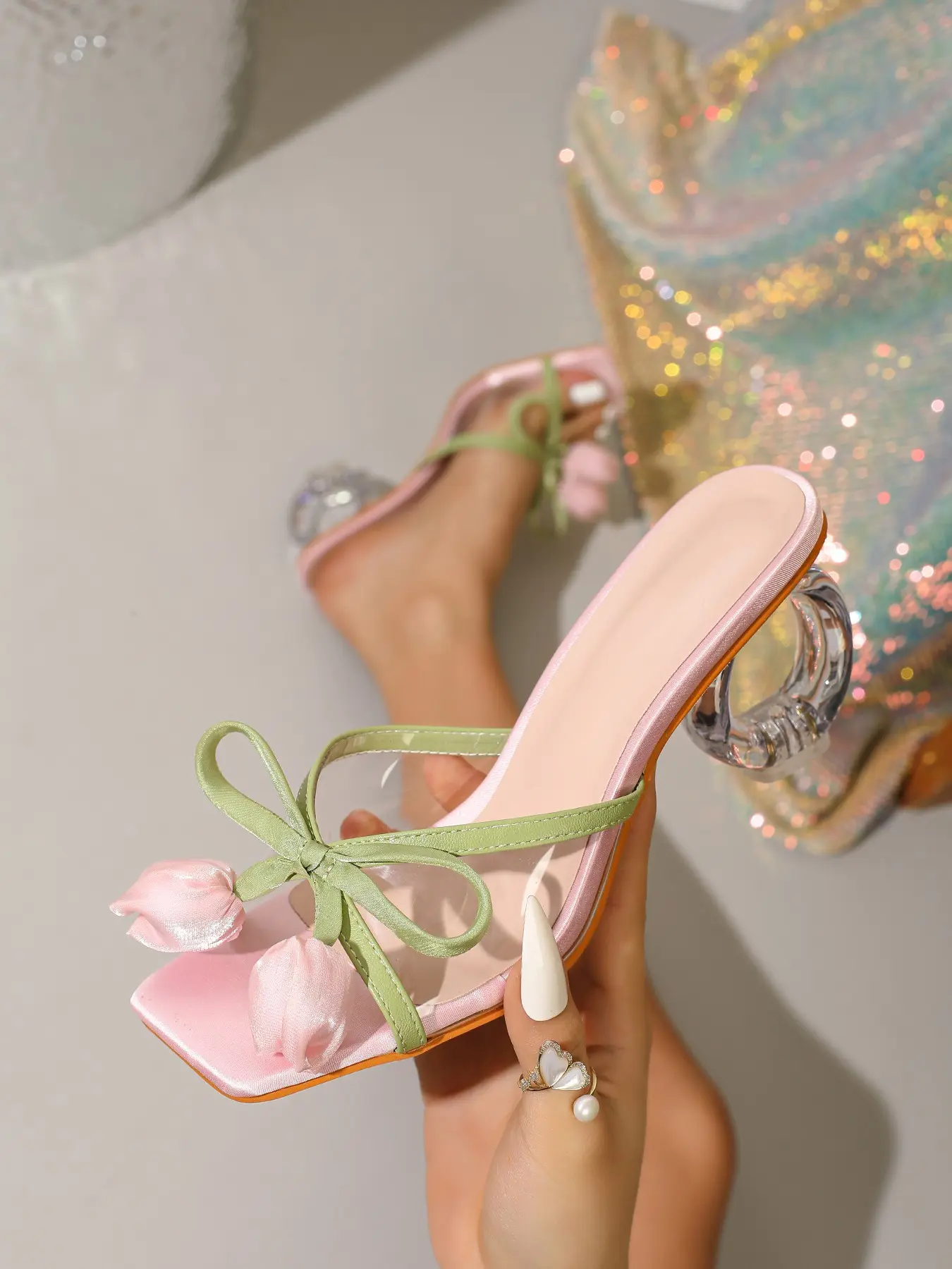 Tulip Decor Women High Heel Sandals with Peep Toe, PU Sole and 3D Floral Design, Fashionable Light Color Vacation Shoes for Spring and Summer Dates, Chic Summer Footwear, Fashionable Casual Sandals, Fancy Sandals