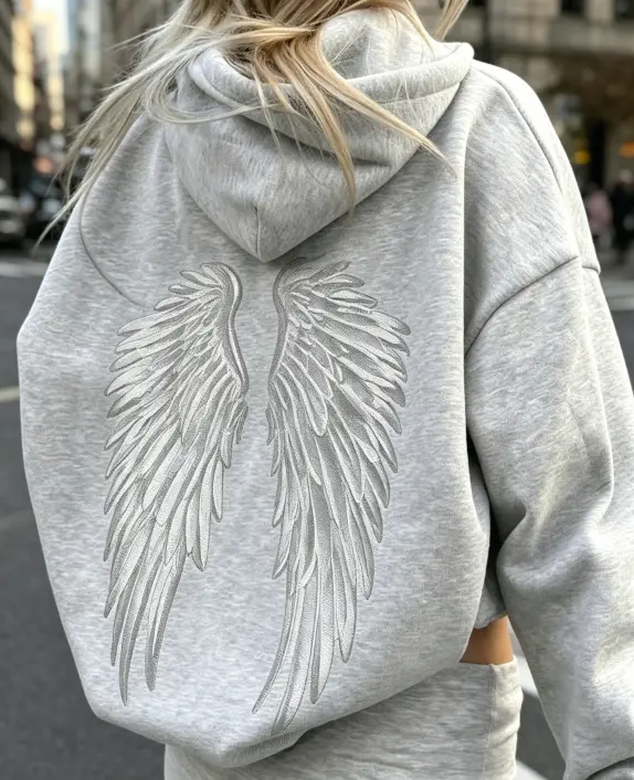 Women Angel Wing Embroidered Hoodie Loose Fit Long Sleeve Zip-Up Hooded Sweatshirt Pullover Casual Top