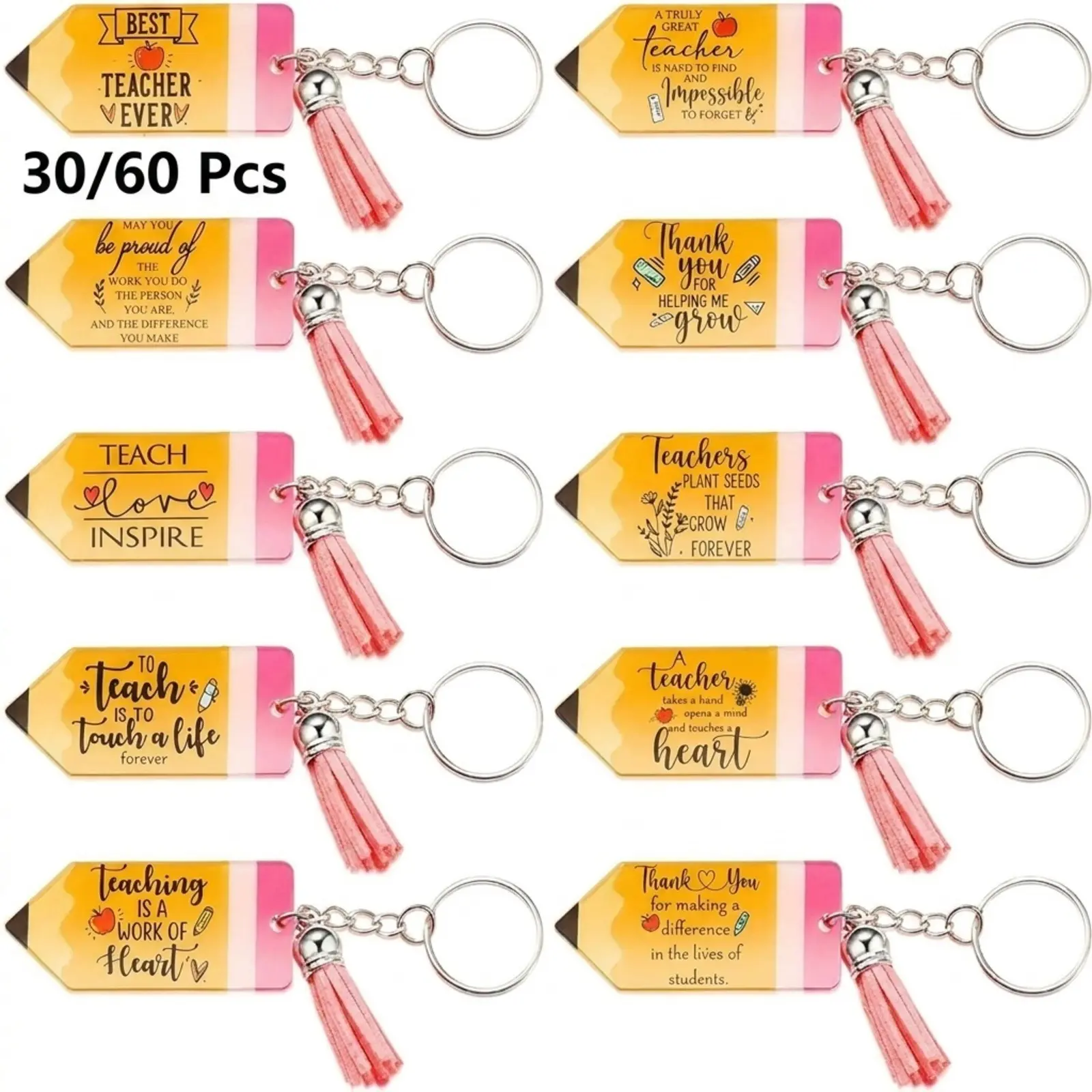 30/60 Pcs Teacher Back to School Gifts, Appreciation Pencil Keychains Bulk with Heartfelt Messages, First Day of School Welcome Party Favors, Thank You Gifts for Teachers, Educators & School Staff, Classroom Event Giveaways