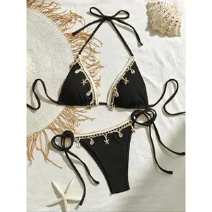 Women's Solid Color Starfish & Conch Decor Halter Triangle Bikini Set, High Stretch Casual Fashion Tie Back Backless Swim Top & Tie Side Swim Bottom, Ladies Swimsuit for Beach Holiday Vacation