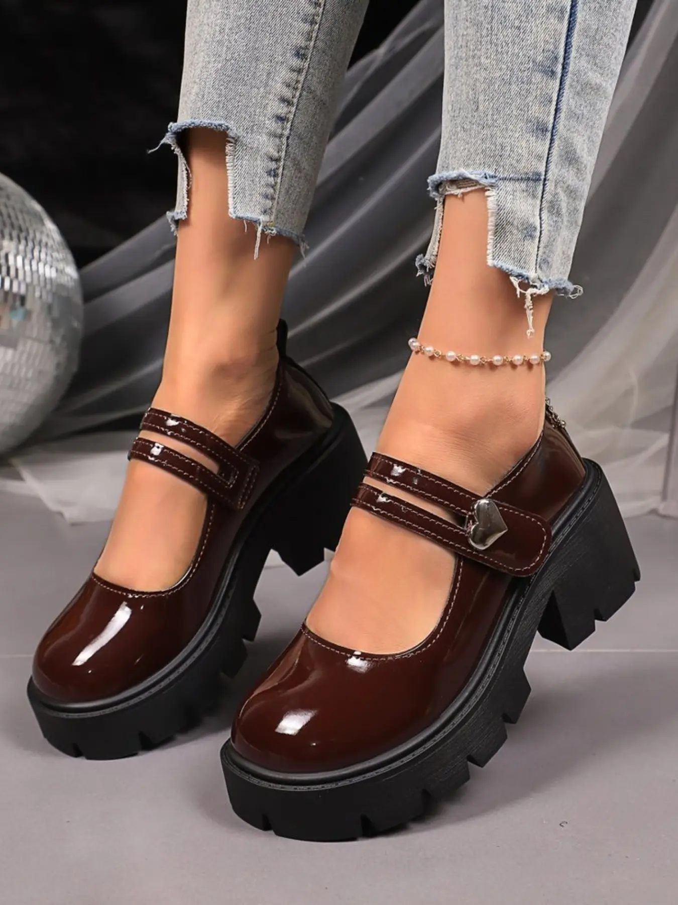 Heart Buckle Thick Sole Classic Mary Jane Shoes for Women, Womens Shoes, Stylish New Vintage Style, PU Leather, Rubber Sole, All Seasons, Fashion Dress Shoes, Footwear
