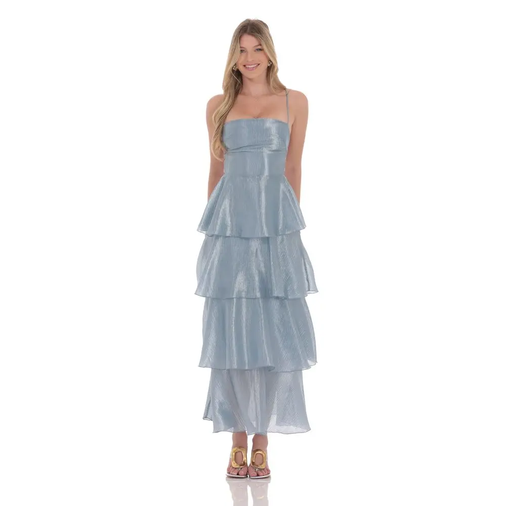 Crinkle Sheen Maxi Dress in Slate Blue