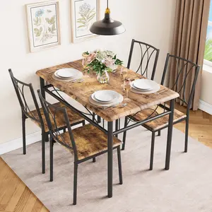Dining Table Set for 4, Kitchen Table and Chairs for 4, Dining Room Table Set with 4 Wood and Metal Chairs, Rectangular Kitchen Table Set for Small Space, Apartment, Studio, Rustic Brown