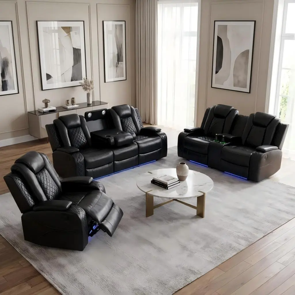 Black Breathing Leather 1-Piece Living Room Recliner Sofa