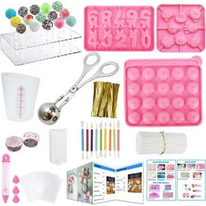 Cake Pop Maker Kit with Pink Silicone Molds Roller Display Stand Lollipop Cake Pop Sticks Wrappers Muffin Cupcakes Decorating Pen Instructions Visual Recipe Cards Valentine Easter Gifts