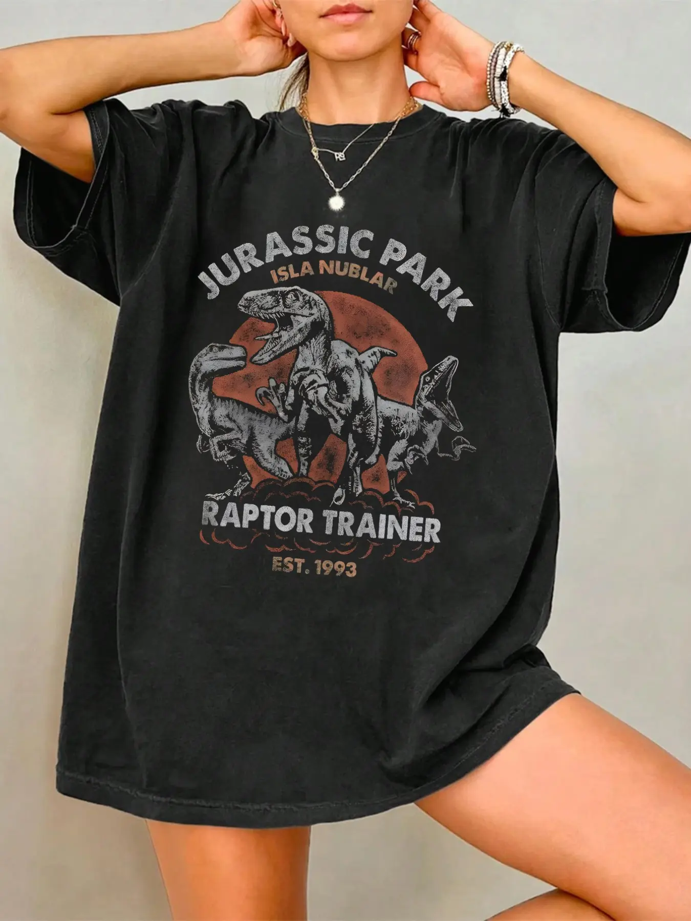 Black Vintage Jurassic Park Raptor Trainer Graphic Oversized T-Shirt - Casual Tee, Retro Dinosaur, Animal Print, Summer, Lightweight, Soft Washed Fabric for Daily Wear, Gatherings & Leisure Outings, Raptor+Isla Nublar Design, Womenswear