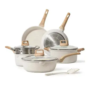 Carote Nonstick Pots and Pans Set, 10 Pcs Granite Kitchen Cookware Sets (White)