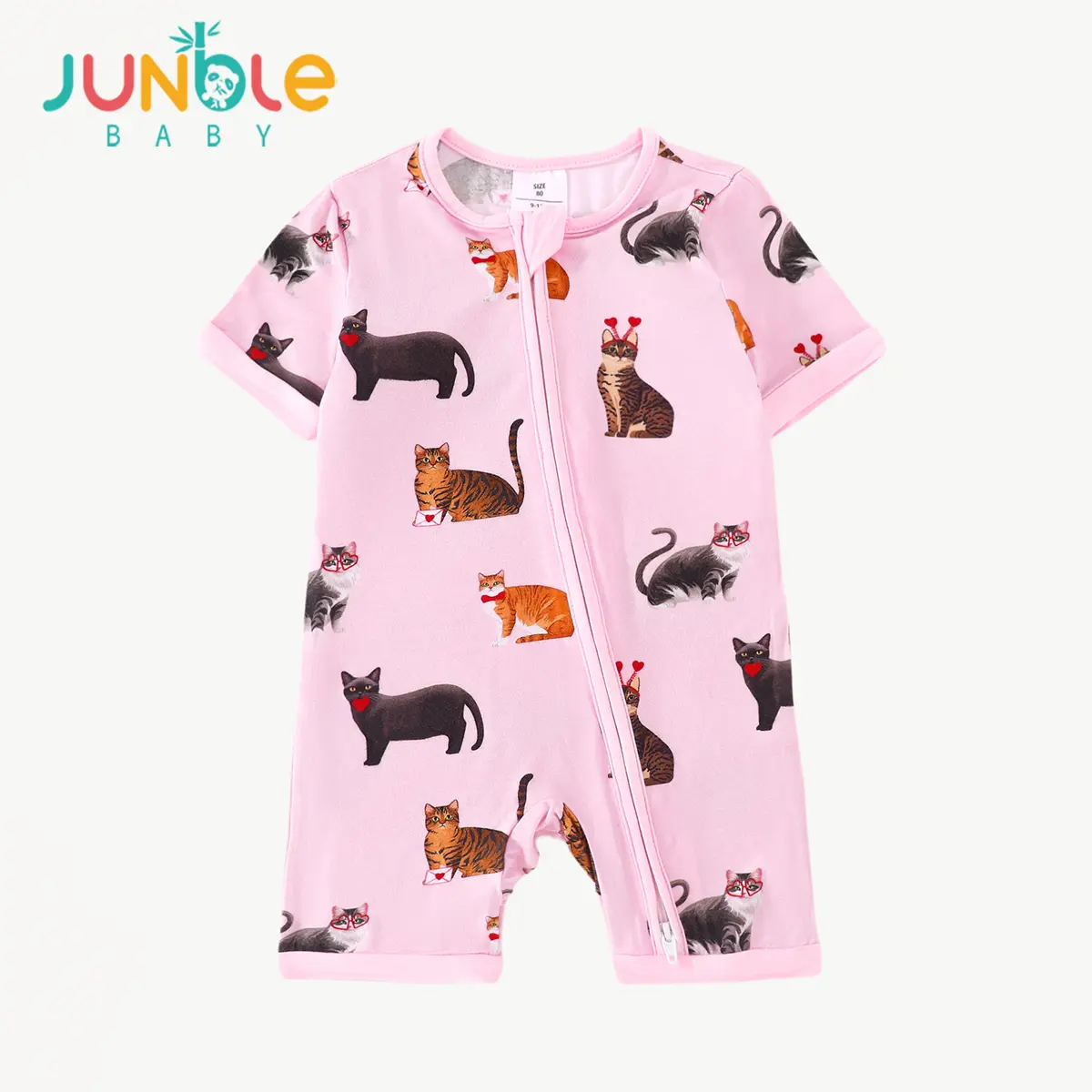 Junblebaby Bamboo Baby Shorty Romper | 2-Way Zipper Cute Valentine Cat Print Summer Pajamas | Girl Short Sleeve Pink Sleepsuit