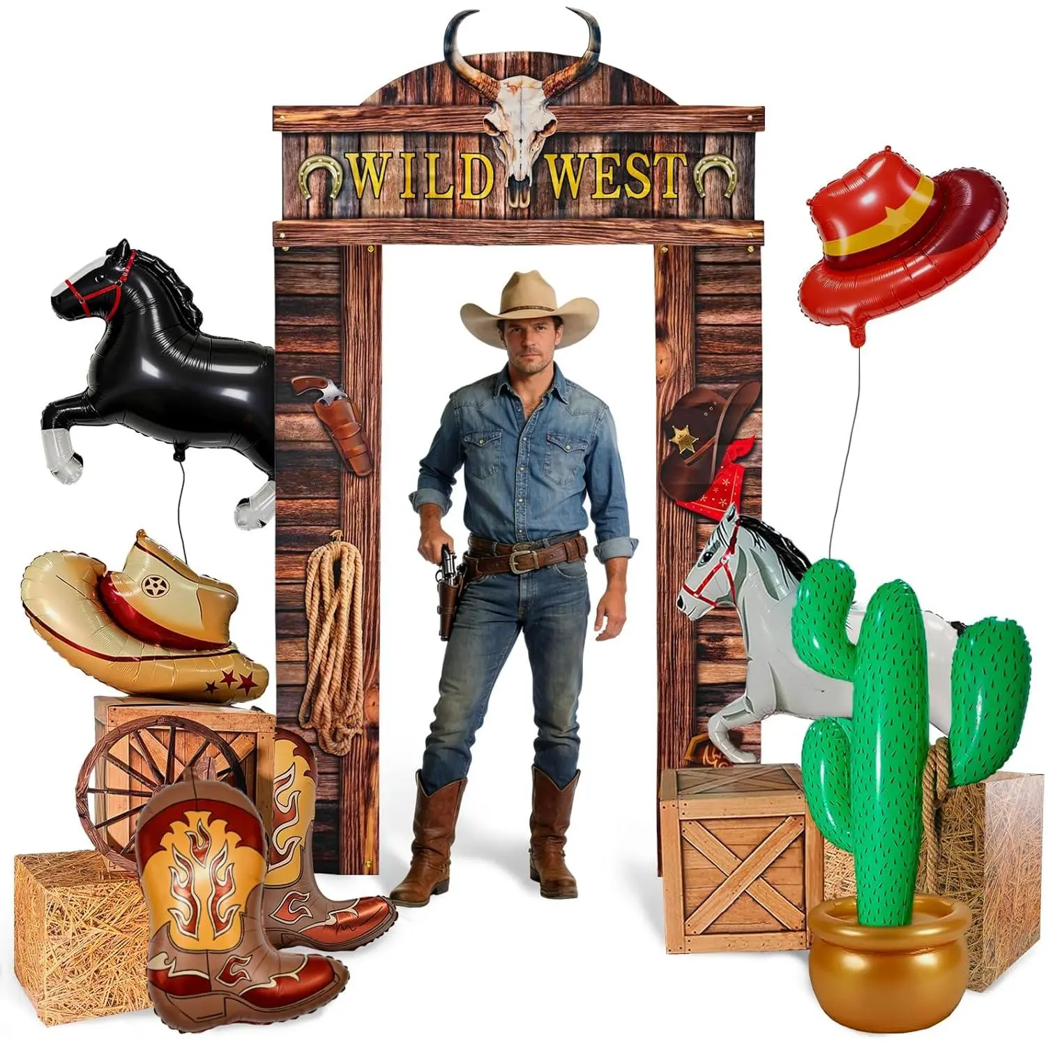 10pc Decor Set Western Cowboy Rodeo Party Supplies Kit - Trunk Set with Inflatable Cactus, Backdrop Banner, Hay Bales Boxes, Wagon Wheel Decor for Wild West Vibe, Gifting