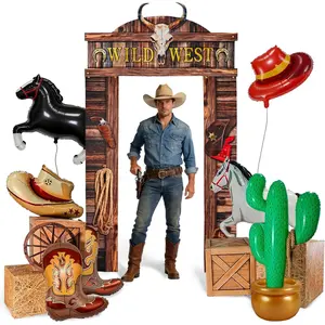 10Pcs Western Cowboy Rodeo Party Supplies Wild West Trunk or Treat Car Decor Kit with Inflatable Cactus, Backdrop Banner, Hay Bales Boxes and Wagon Wheel Props