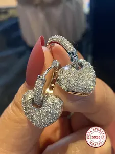 S925 Sterling Silver Heart Shaped Earrings for Women - Sparkling CZ Paved Statement Huggie Earrings Hypoallergenic Valentine Gift Zircon Earrings