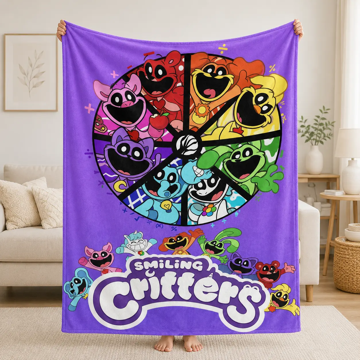 Smiling Critters Throw Blanket, Ultra Soft Plush Fleece Blanket, Cozy Cartoon Gaming Blanket for Couch, Bed & Bedroom Decor, Gift for Kids, Teens & Gamers