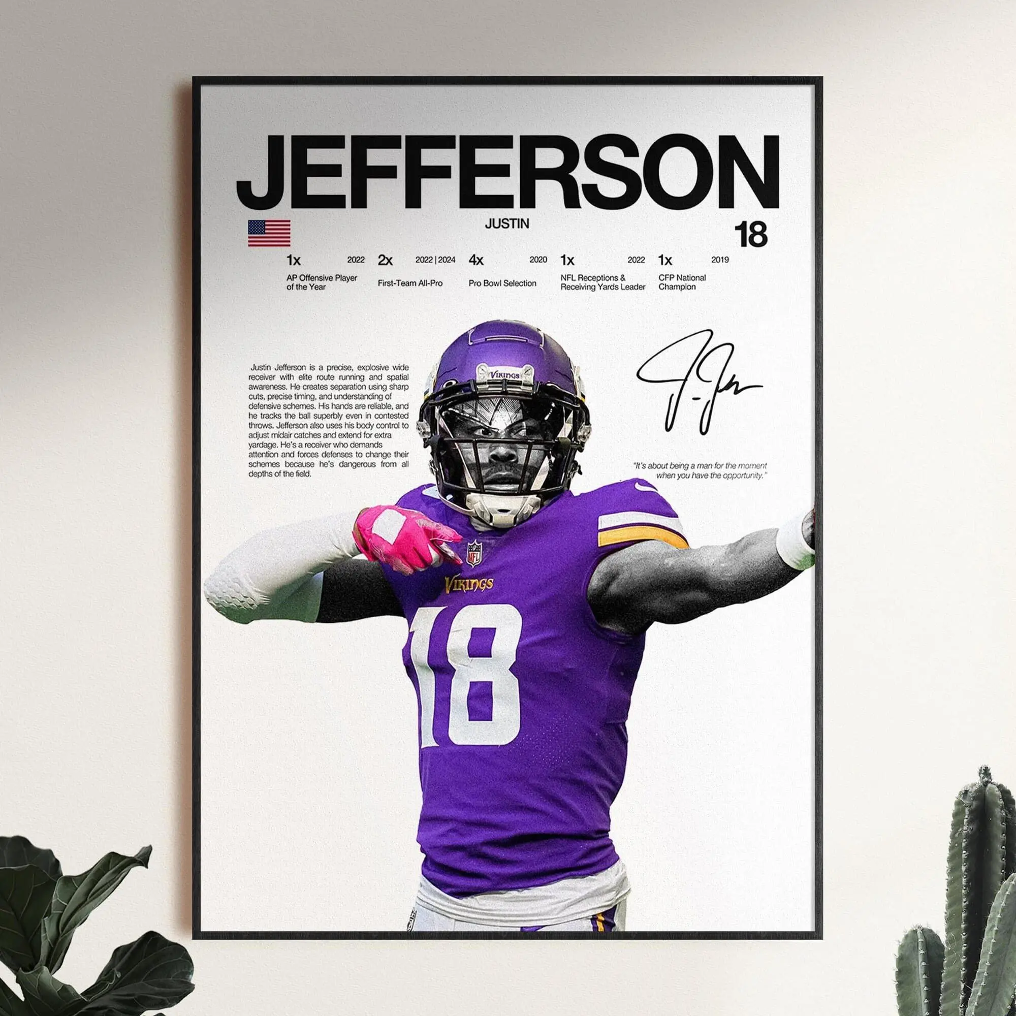 Justin Jefferson Poster, Football Wall Print, Sports Room Decor, Minnesota Vikings Poster( Unframed - Print Only )