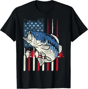 Cotton Casual Classic Fishing T-Shirt for Fishermen, US American Flag Bass Fish Graphics Prints Garment, Patriotic Summer Short-Sleeve Sports Top