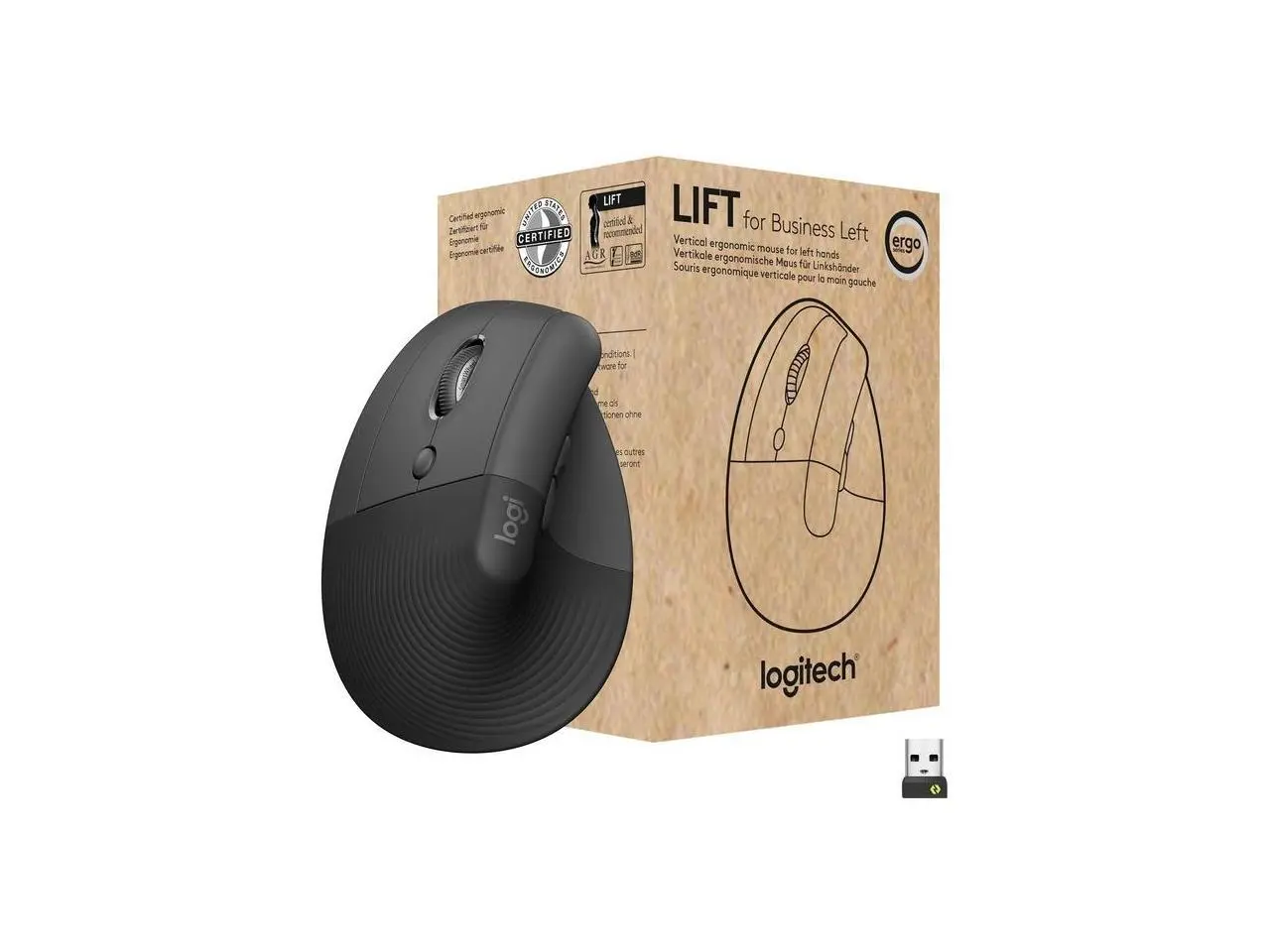 Logitech Lift for Business Left, Vertical Ergonomic Mouse - Left-handed, Wireless, Bluetooth or Secured Logi Bolt USB, Quiet clicks, Globally Certified, Windows/Mac/Chrome/Linux