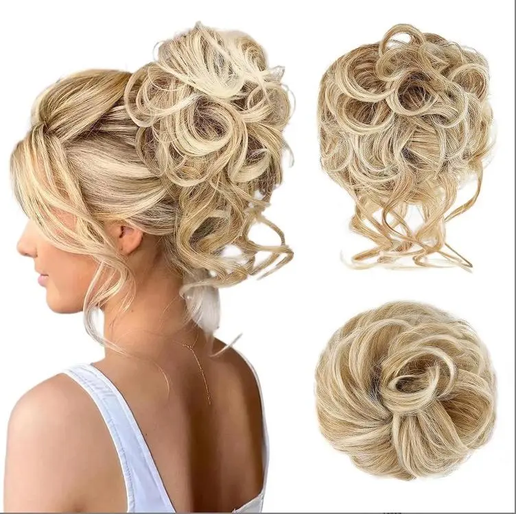 GEEOE Messy Bun Hair Piece for Women - 2PCS Synthetic Hair Pieces with Tousled Updo Hair Buns & Wavy Curly Texture Scrunchies Chignon Ponytail  - Easy to Wear & Versatile for Daily Use Hair Weave