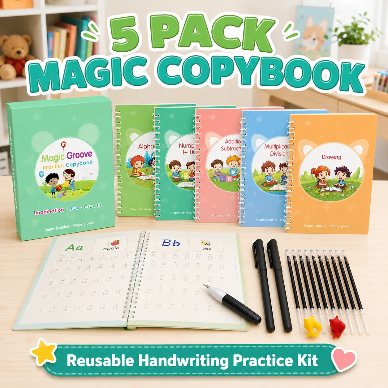Magic Copybook 5 Pack with Pens, Reusable Handwriting Practice Workbook for Kids Ages 3-8, Grooved Writing Practice Books with Disappearing Ink Pens, Letter Number Tracing, Preschool Learning Activities and Kindergarten Writing Practice