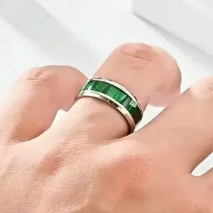 Elegant 8mm Stainless Steel Tungsten Ring with Green Inlay - Fashionable silver bezel design, perfect for weddings and everyday wear, ideal as a gift for Valentine's Day, Christmas, Father's Day, wedding ring