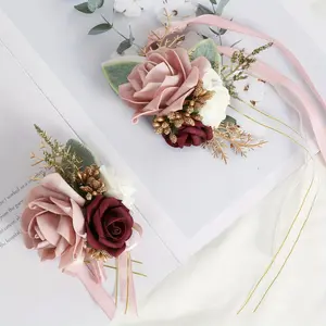2pcs Pink Rose Flower Wrist Corsage Boutonniere Set, Pink Corsage and Boutonniere Set, Wrist Corsage Wristband, Brides Wedding Flowers