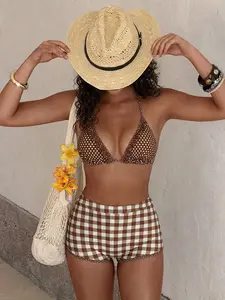 PEPPERMOLLY Women's 2-Piece Vintage Polka Dot & Gingham High-Waist Bikini Set - Retro Ruffled Halter Top, Boy Short Bottom Swimwear for Summer Beach Vacation, Halter Tops, Bathing Suits