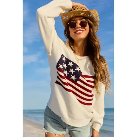 Home Of The Free Ivory Textured Flag Sweater SALE FINAL SALE