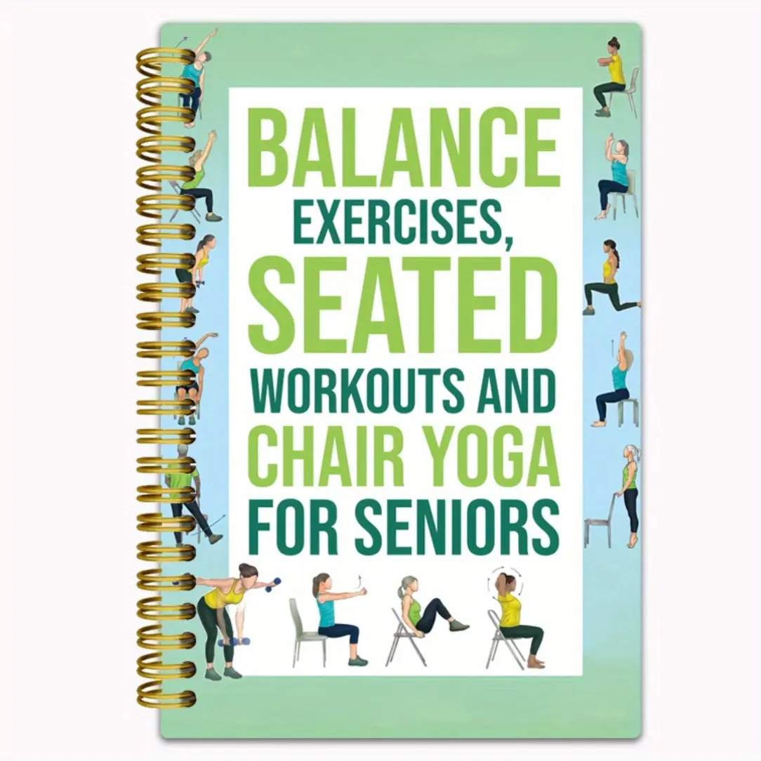 Chair Yoga Practice Notebook for Seniors, Small and portable workouts fitness plan book, 50-page seated yoga guide, gift for home, gym, Flexibility and balance training log, Stretches, Exercises, spiral binding design, clear layout