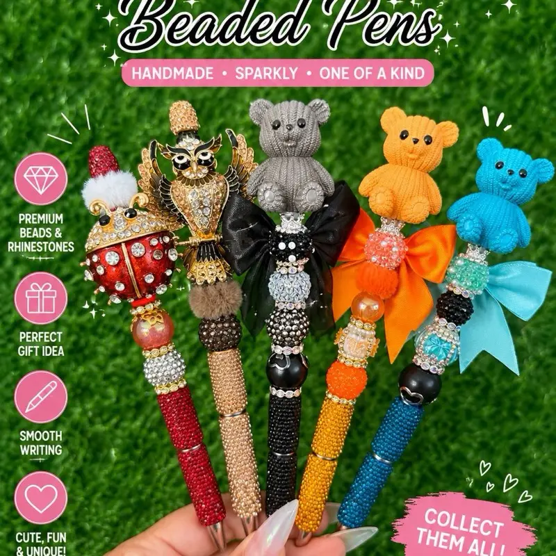Animal Inspired Beaded Pens - Smooth Writing Pens with Flexible Grip, Office Stationery Supplies, Writing Stationery