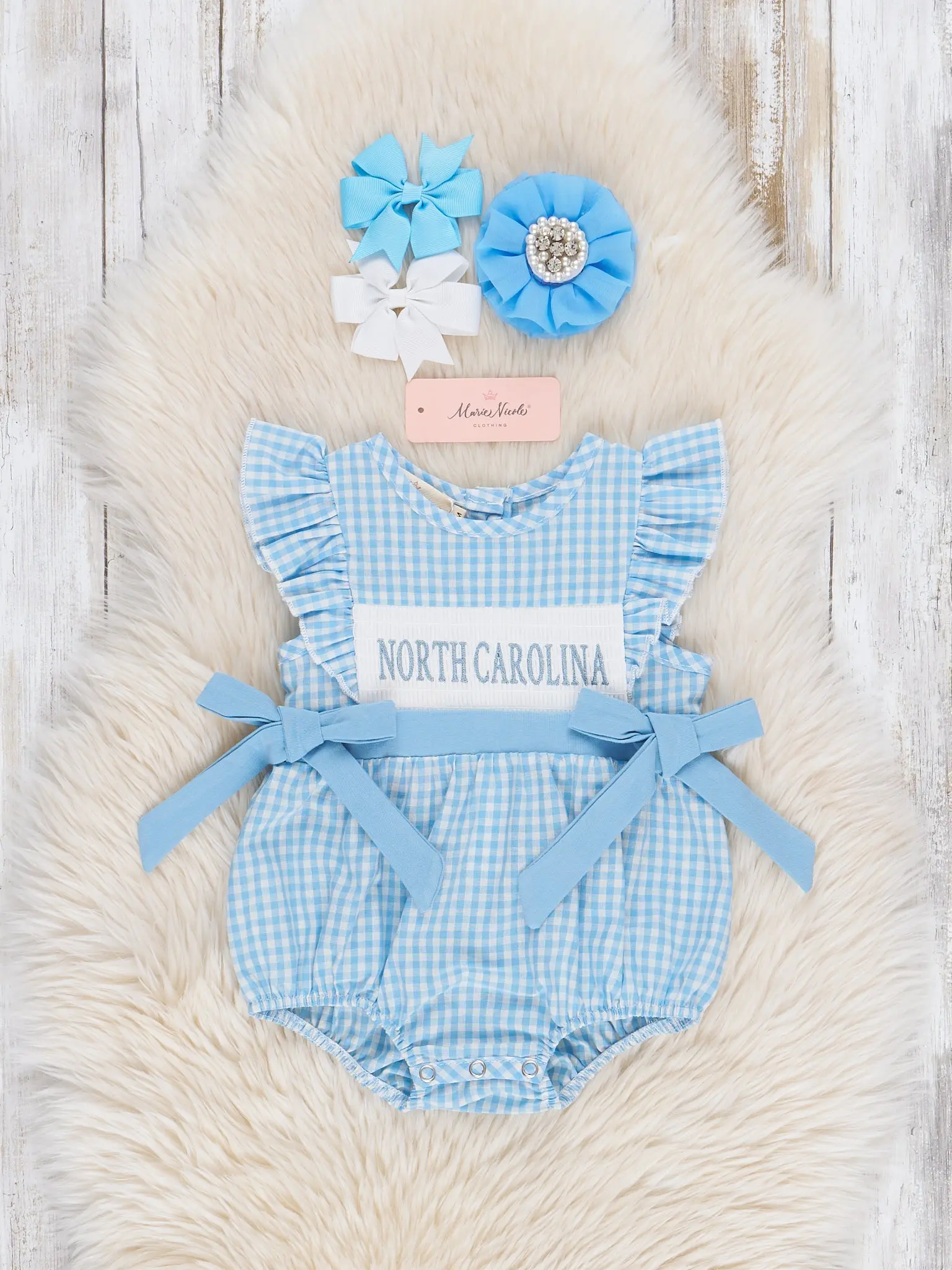 North Carolina Smocked Gingham Bubble Romper