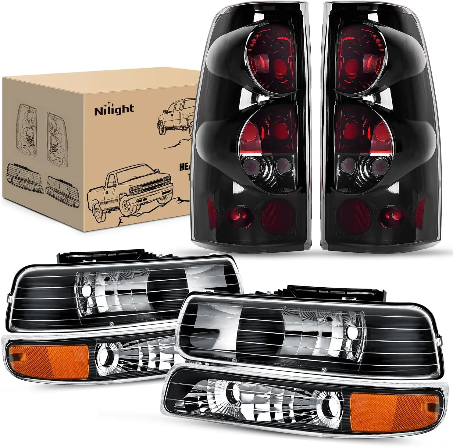 Nilight 1 Pair of Headlight & Taillight Assembly Combo, Black Housing, Amber Reflector, Smoke Lens - Truck Vehicle Car Accessories for 1999-2002 Chevy Silverado 1500/2500 & 2001-2002 1500HD/2500HD/3500, Boost Nighttime Visibility Replacement Lights, Car L