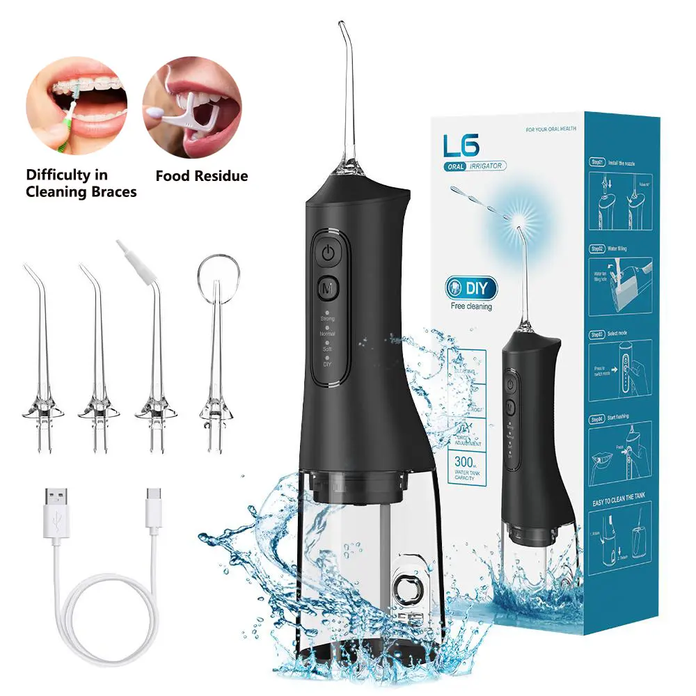 L6 Wireless Water Flosser – a portable oral irrigator featuring 4 modes, 4 nozzles, a 300ml water tank, IPX7 water resistance, and a rechargeable battery; suitable for those with braces and sensitive teeth (White/Black)